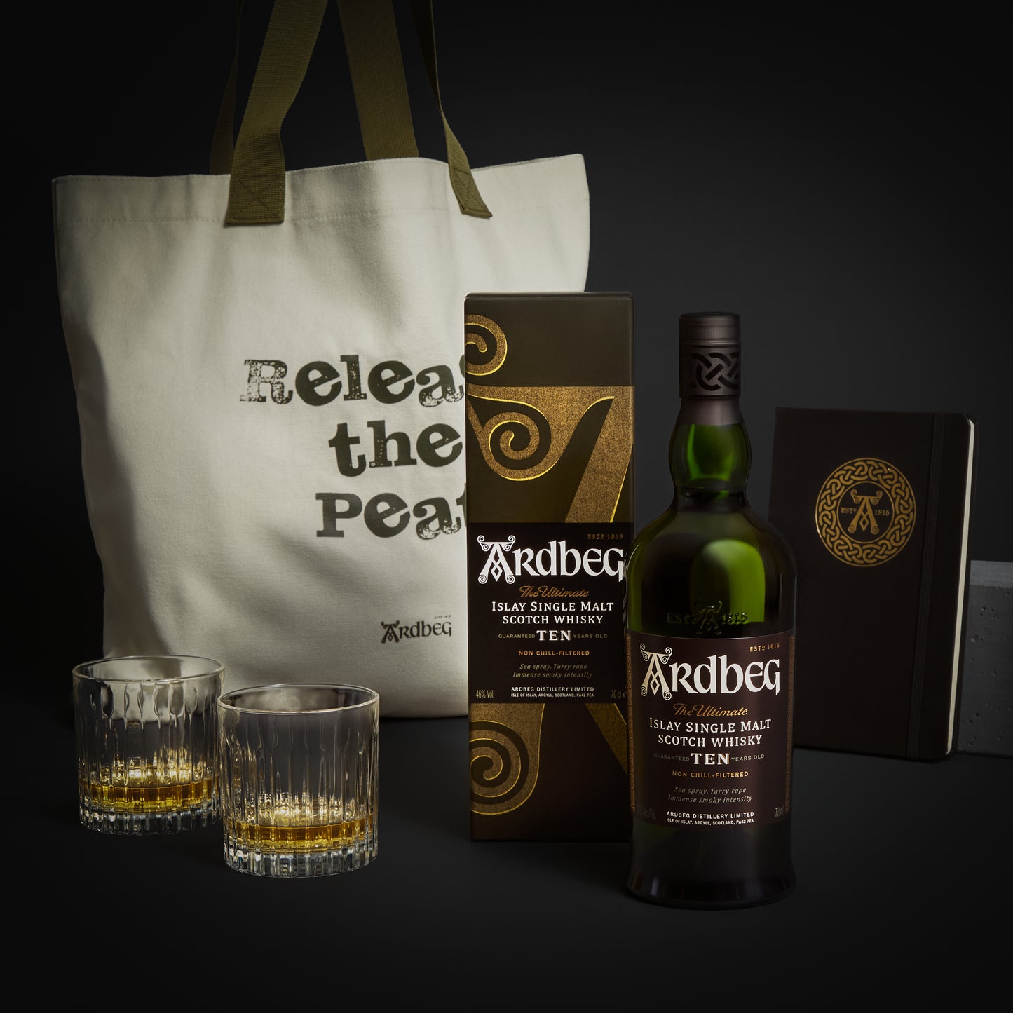 Ardbeg 10 Years Old with tote bag and notebook