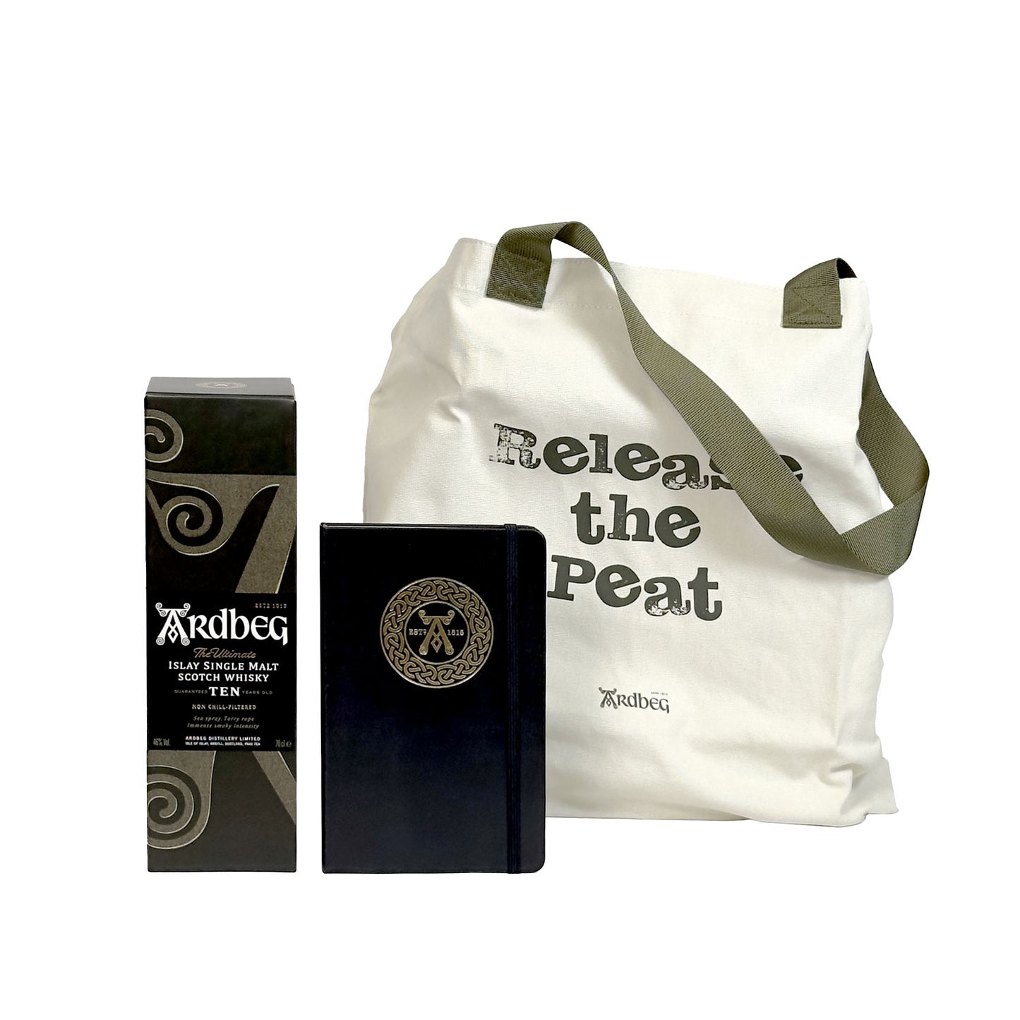 Ardbeg 10 Years Old with tote bag and notebook